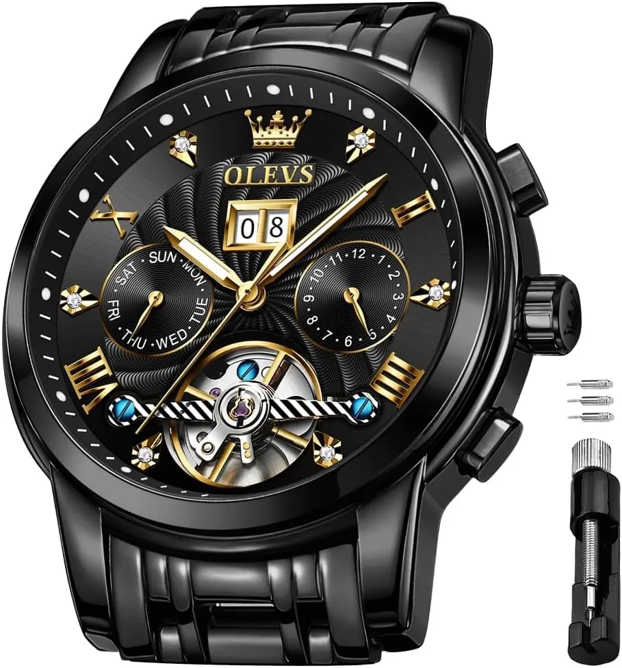 OLEVS Men's Automatic Mechanical Watches Luxury Dress Waterproof Self Winding Moon Phase Chronograph Stainless Steel Luminous Date Tourbillon Wristwatch for Men