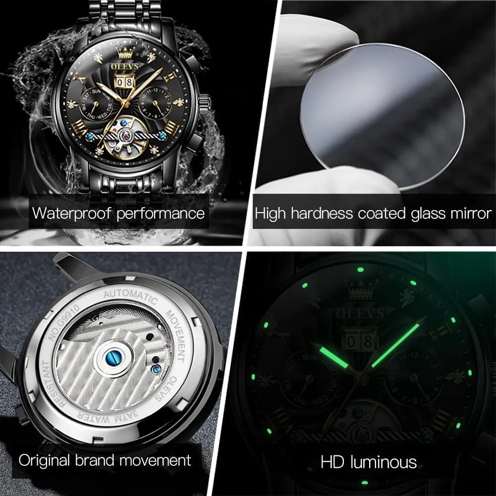 OLEVS Men's Automatic Mechanical Watches Luxury Dress Waterproof Self Winding Moon Phase Chronograph Stainless Steel Luminous Date Tourbillon Wristwatch for Men