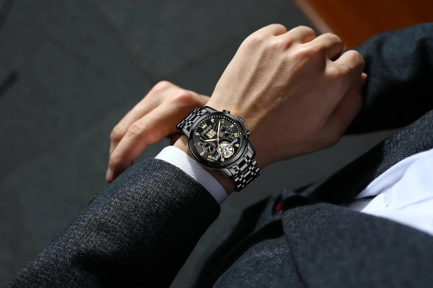 OLEVS Men's Automatic Mechanical Watches Luxury Dress Waterproof Self Winding Moon Phase Chronograph Stainless Steel Luminous Date Tourbillon Wristwatch for Men