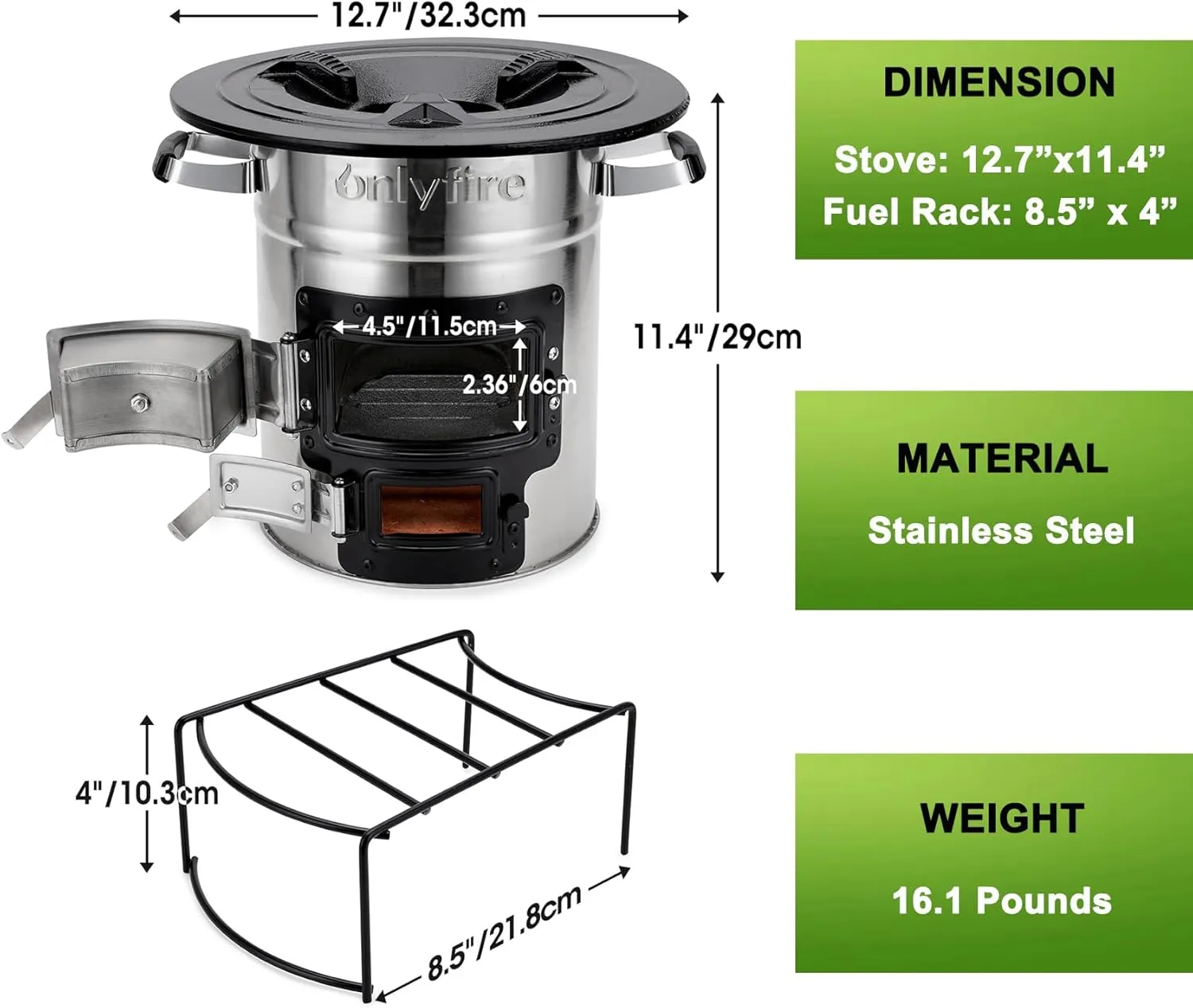 Onlyfire Rocket Stove Outdoor Portable Wood Burning Camp Stove, Large Stainless Steel Camping Stove for Outside Cooking Survival Campfire Patio Backyard Gathering 12.7 x 12.7 x 11.4 Inch