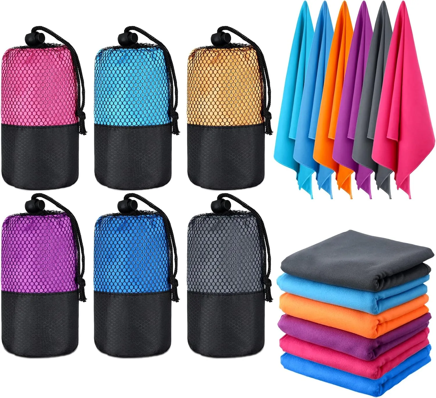 Oudain 6 Pieces Quick Dry Travel Towel Bulk, Microfiber Beach Towel with Bag Compact Soft Trip Towel Lightweight Adults Towel for Camping, Gym Beach Swimming Yoga, 20 x 39 Inches (Classic Color)