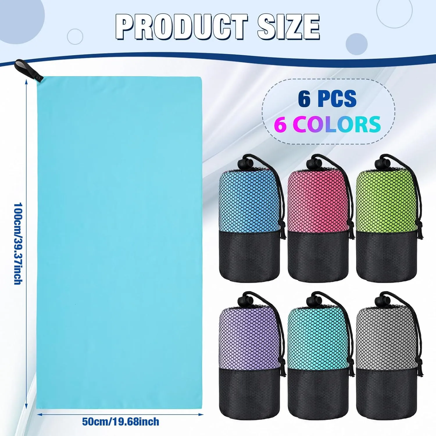 Oudain 6 Pieces Quick Dry Travel Towel Bulk, Microfiber Beach Towel with Bag Compact Soft Trip Towel Lightweight Adults Towel for Camping, Gym Beach Swimming Yoga, 20 x 39 Inches(Bright Color)