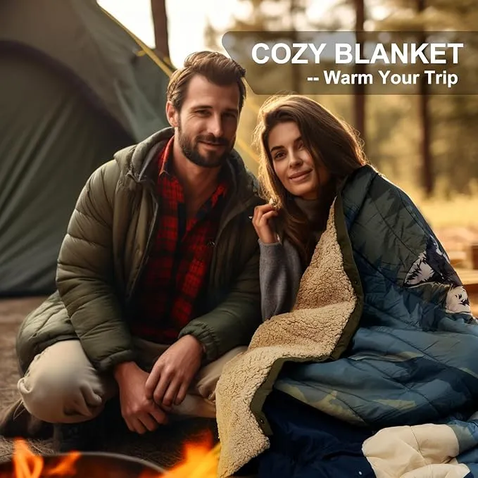 Outdoor Camping Blanket with Sherpa Lining, Extra Warm Thick Camp Blankets & Puffy Ultralight Soft Poncho DWR Camping Quilt for Cold Weather, Adventure,Sleeping,Backpacking 78"x 56"
