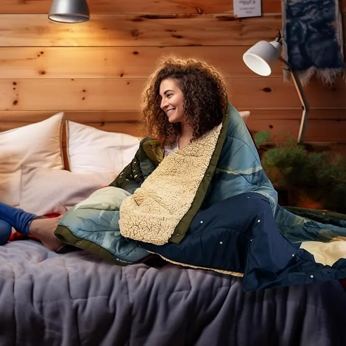 Outdoor Camping Blanket with Sherpa Lining, Extra Warm Thick Camp Blankets & Puffy Ultralight Soft Poncho DWR Camping Quilt for Cold Weather, Adventure,Sleeping,Backpacking 78"x 56"
