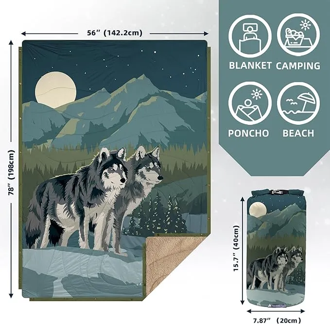 Outdoor Camping Blanket with Sherpa Lining, Extra Warm Thick Camp Blankets & Puffy Ultralight Soft Poncho DWR Camping Quilt for Cold Weather, Adventure,Sleeping,Backpacking 78"x 56"