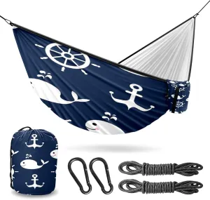 Outdoor Camping Hammock Dolphin Anchor Compass On Blue Double Single Hammocks with 2 Tree Straps, Lightweight Portable Heavy Duty Nylon Hammocks for Backpacking Travel Beach Backyard Patio Hiking