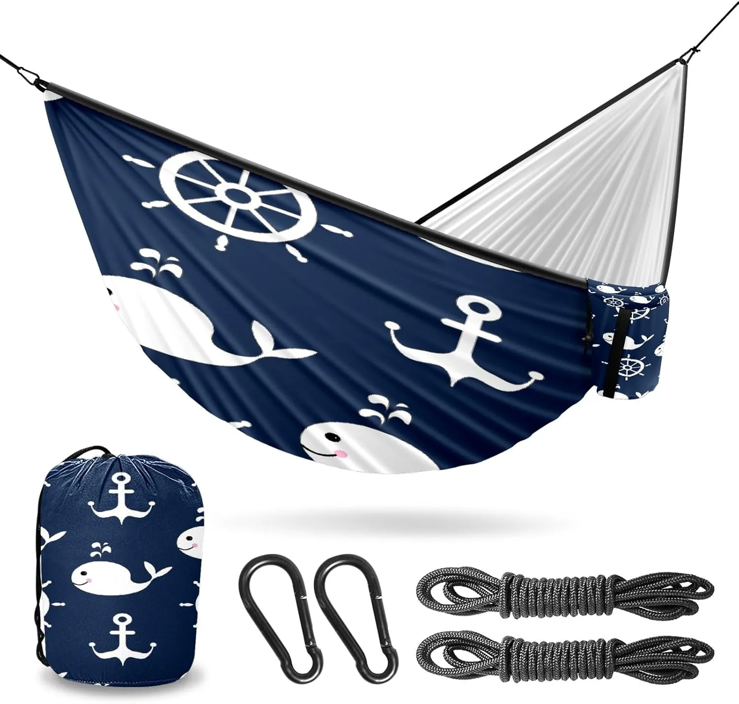 Outdoor Camping Hammock Dolphin Anchor Compass On Blue Double Single Hammocks with 2 Tree Straps, Lightweight Portable Heavy Duty Nylon Hammocks for Backpacking Travel Beach Backyard Patio Hiking