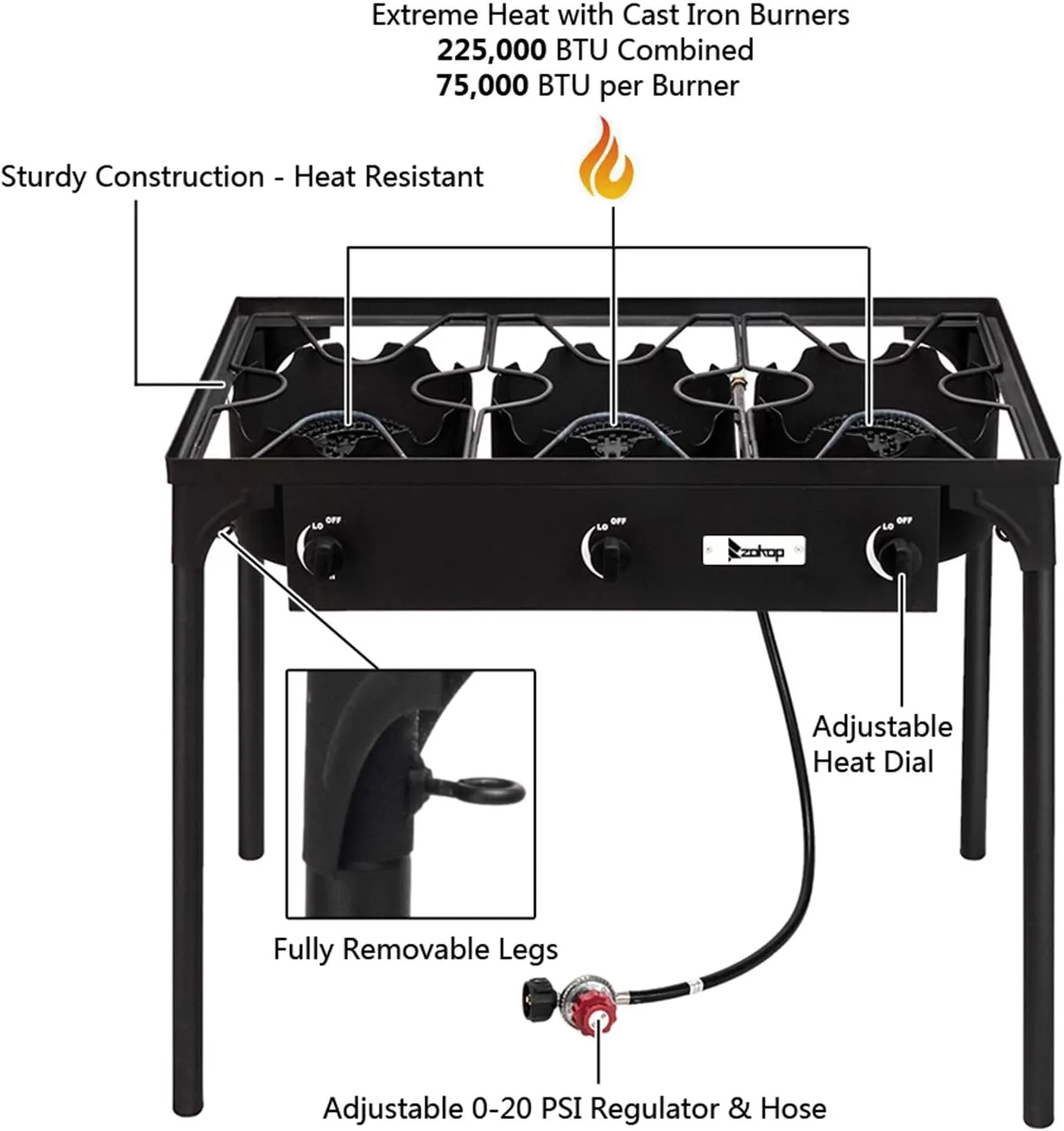 Outdoor Camping Stove, 3 Burner Propane Gas Cooker w/Detachable Legs & 0-20 PSI Regulator & CSA Approval for Camping Cookout, Max. 225,000 total BTU/hr