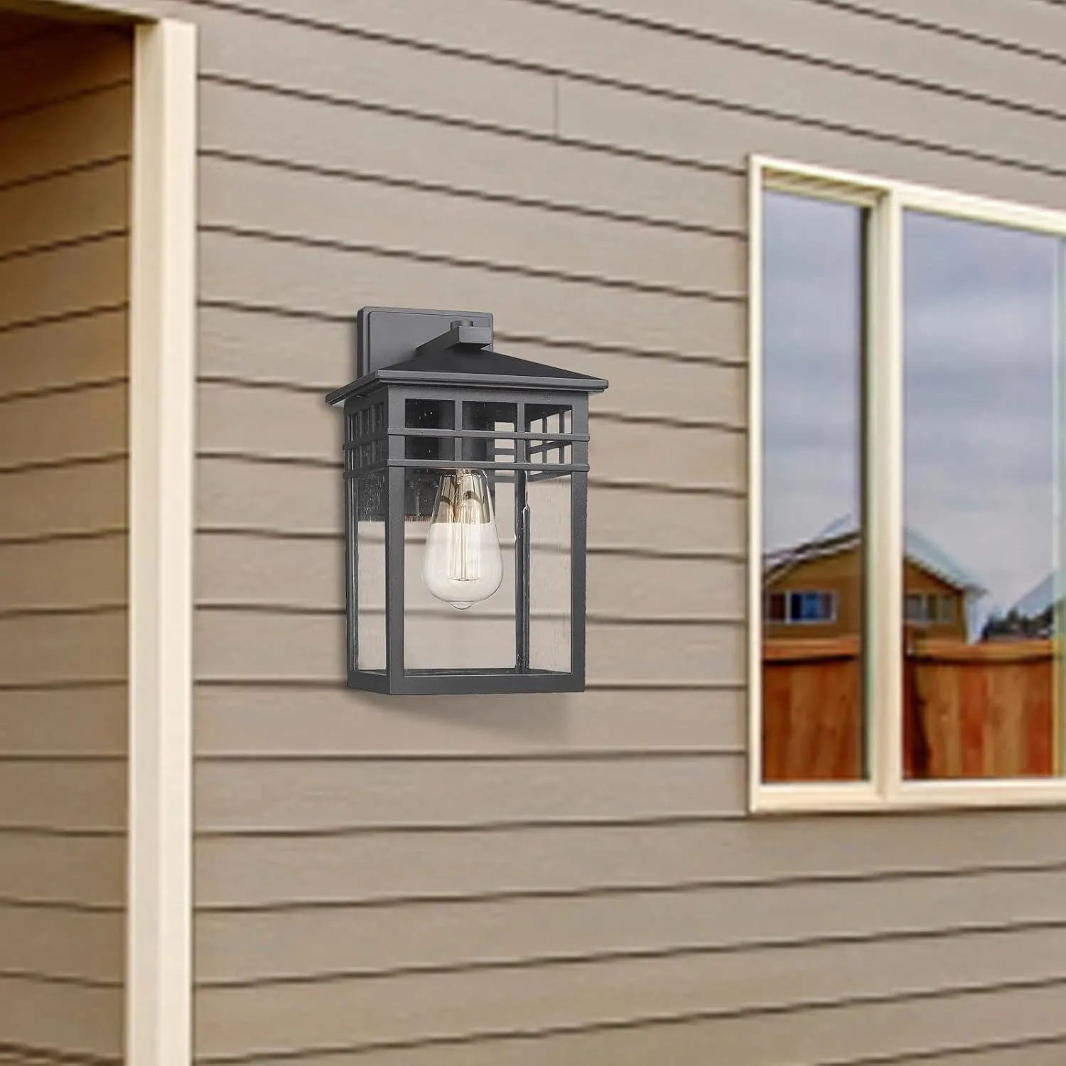 Outdoor Light Fixture Wall Mount, Modern Exterior Lights Fixture Wall Sconces with Seeded Glass for Front Porch, Farmhouse Rustic Waterproof Lantern Lamp in Black Finish for Home, Barn, Garage