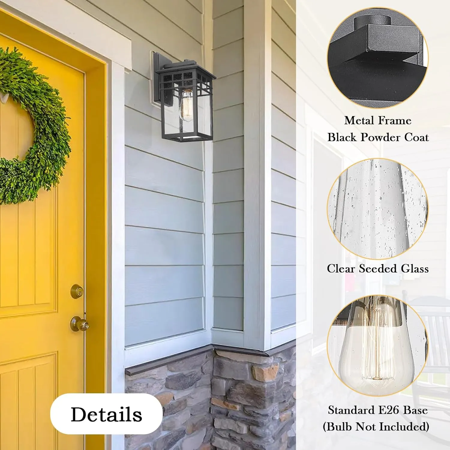Outdoor Light Fixture Wall Mount, Modern Exterior Lights Fixture Wall Sconces with Seeded Glass for Front Porch, Farmhouse Rustic Waterproof Lantern Lamp in Black Finish for Home, Barn, Garage