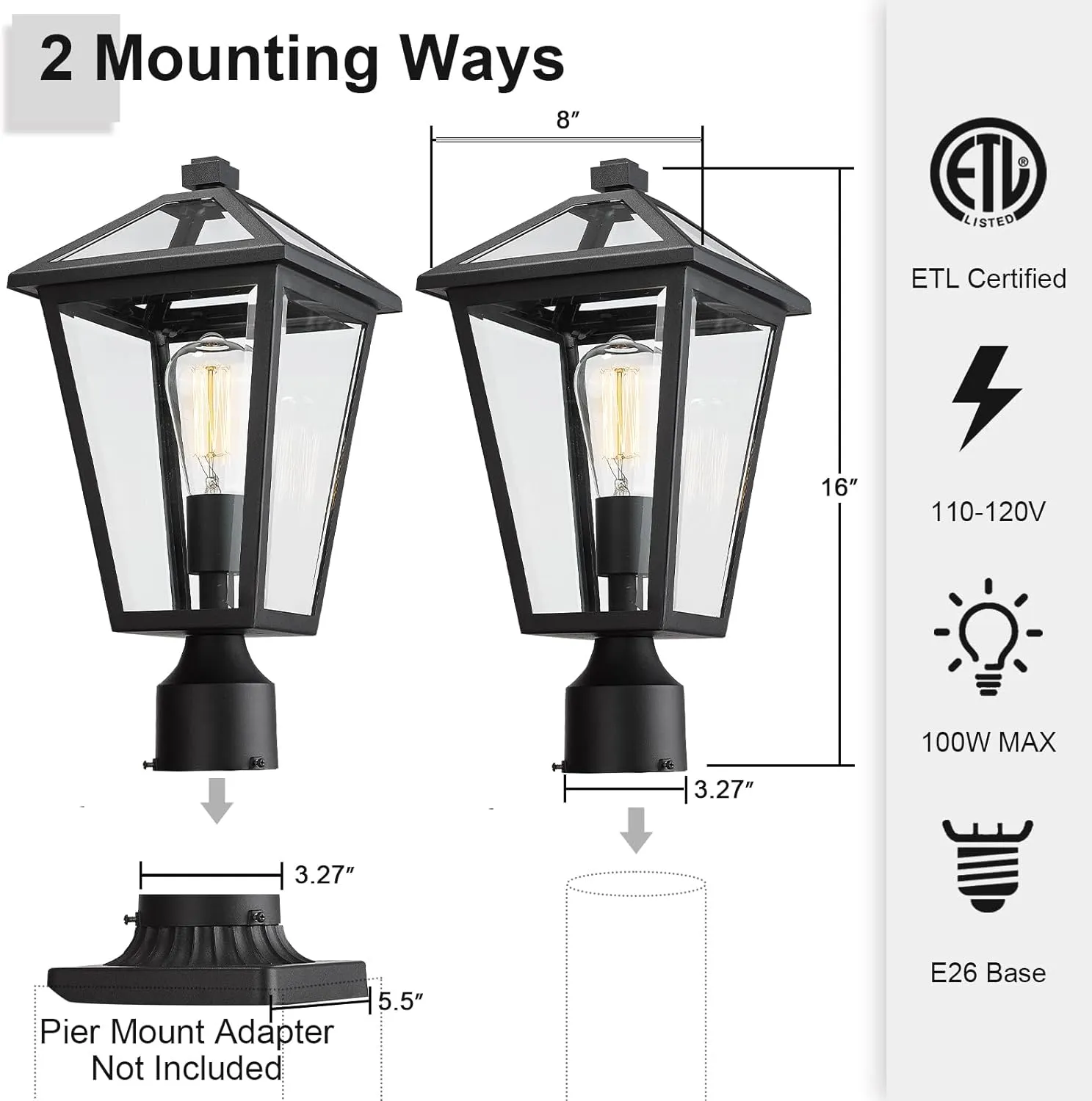 Outdoor Post Lights Fixtures, Lamp Post Light Fixture Black Finish, Waterproof and Anti-Rust Aluminum Pillar Outside Lighting for Walkway, Driveway, Patio, Porch,Medium Size