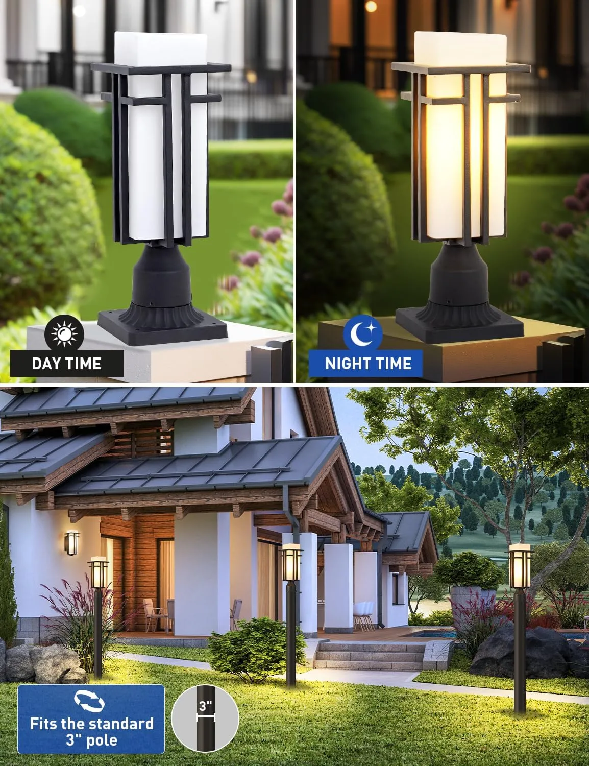 Outdoor Post Lights Waterproof Metal Frame with Milk White Frosted Glass Pier Mount Outdoor Lighting Fixtures(with 3-Inch Pier Mount Base) Pillar Light Post Lantern for Garden Backyard and Porch