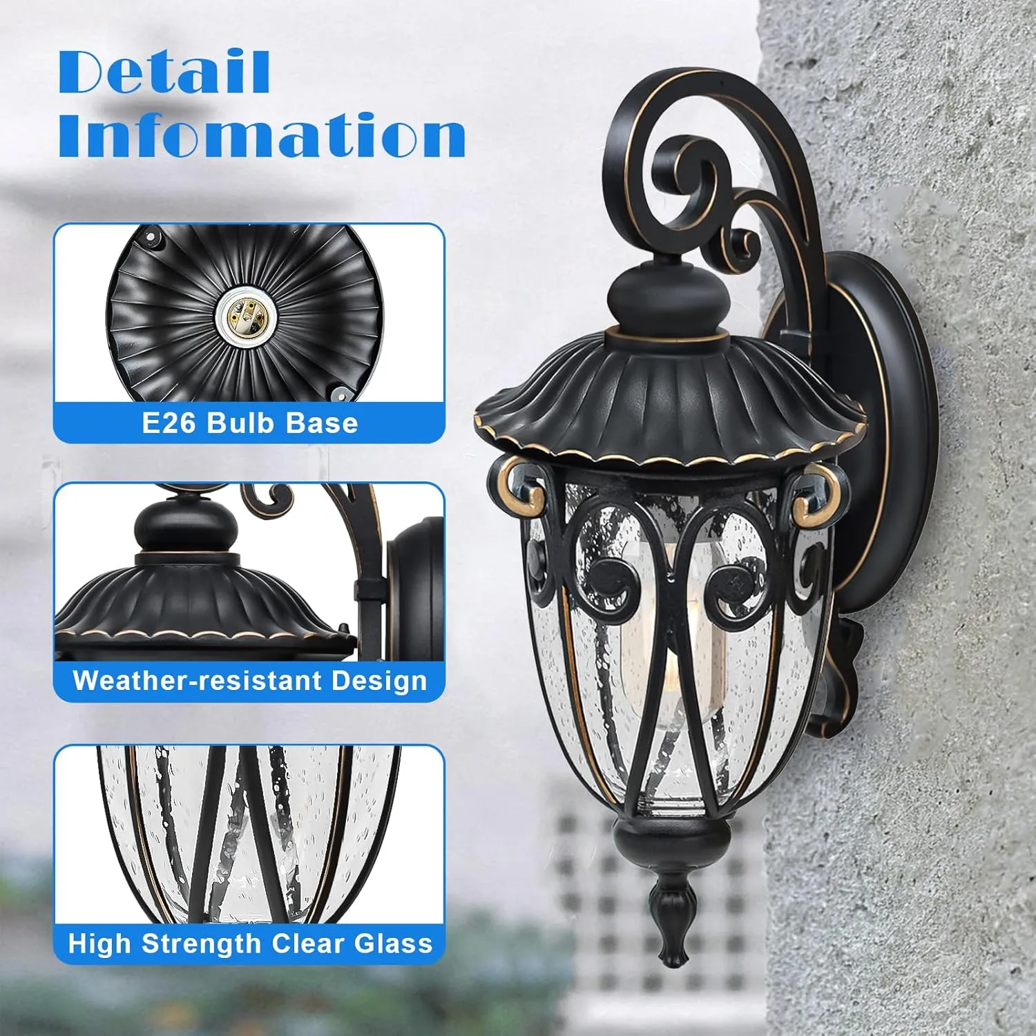 Outdoor Wall Light Fixtures,2-Pack Exterior Waterproof Wall Lanterns, Bronze Porch Sconces Wall Mounted Lighting with E26 Sockets & Glass Shades, Modern Wall Lamps for Patio Front Door Entryway