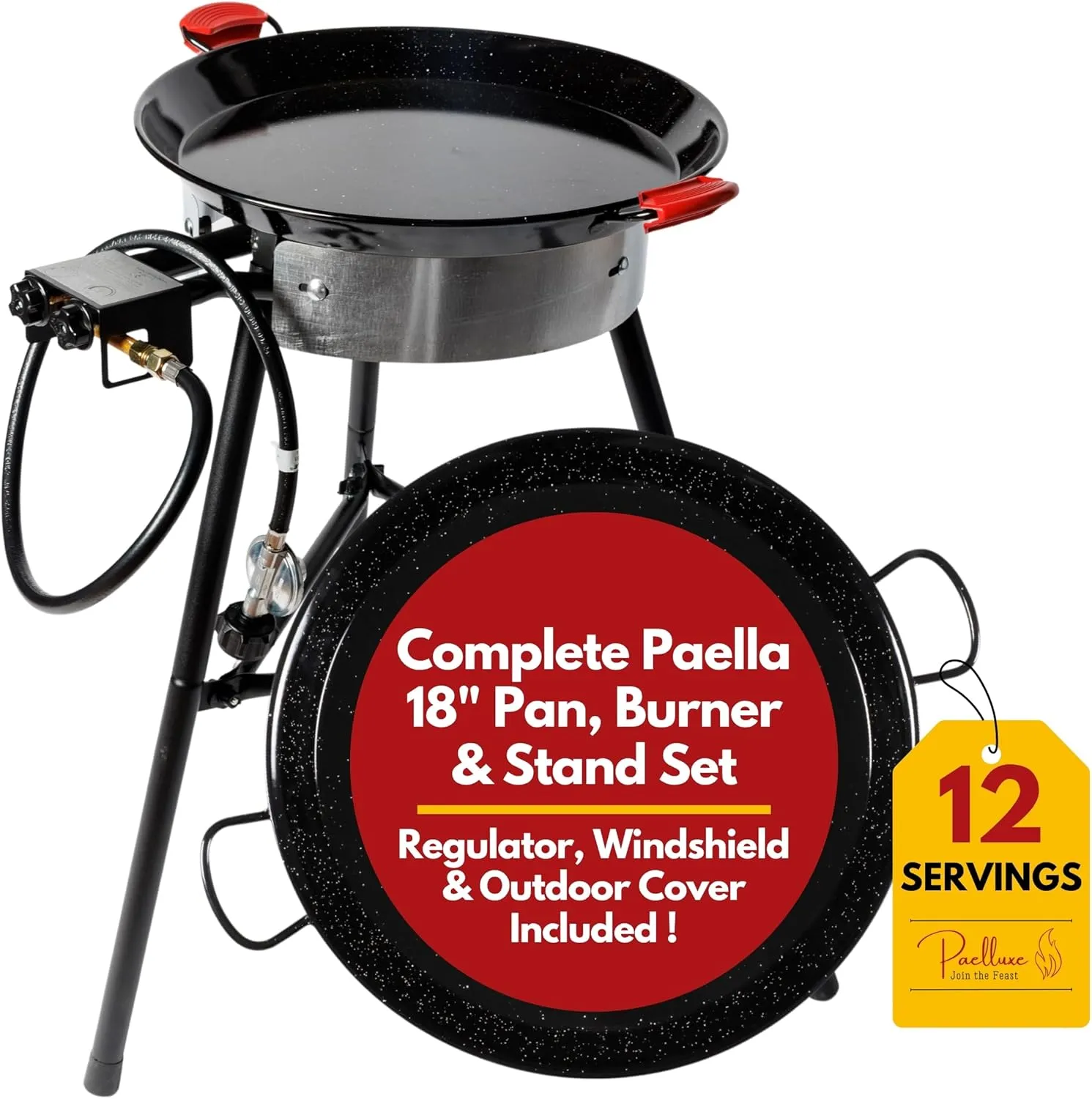Paella Burner and Stand Set 12 Servings, 18 Inch Paella Pan, Dual Propane Outdoor Stove with Stand & Regulator, Portable Gas Cooker for Camping Crawfish Boil Cooking Outdoor (Black Edition)