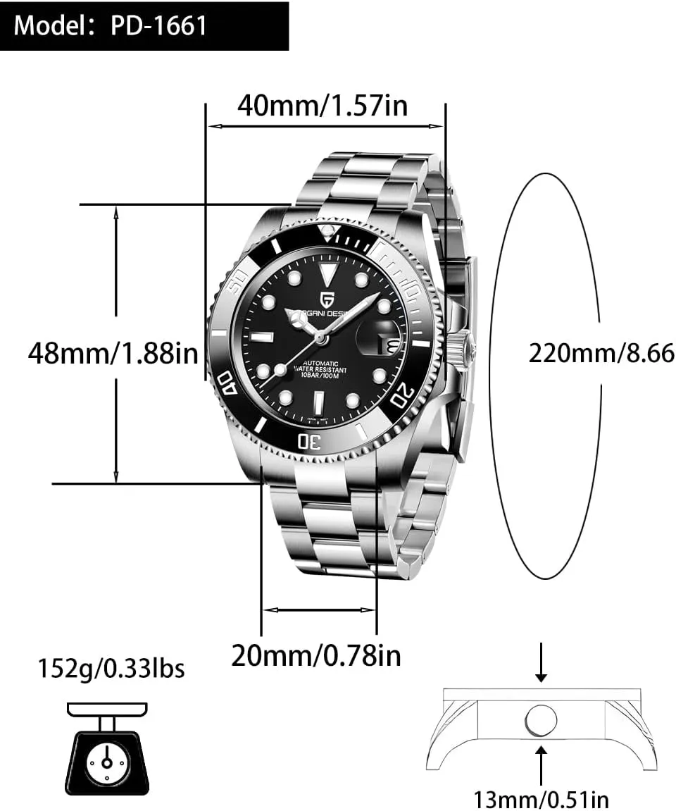 Pagani Design Watches for Men, Automatic Watch,Japanese Movement, Stainless Steel Waterproof Luminous Calendar