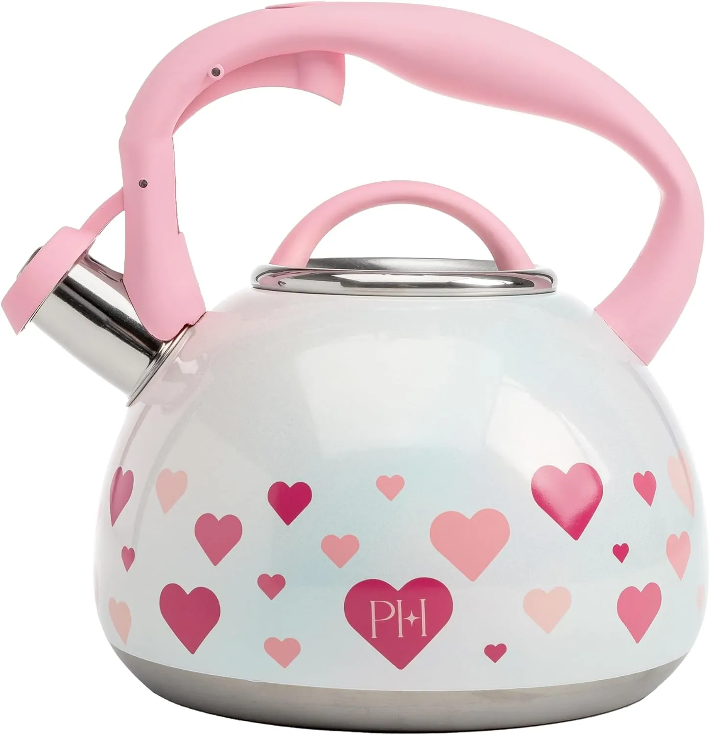 Paris Hilton Whistling Stovetop Tea Kettle, Stainless Steel with Iridescent Heart Design, Soft Touch Handle, 2.5-Quart, Iridescent