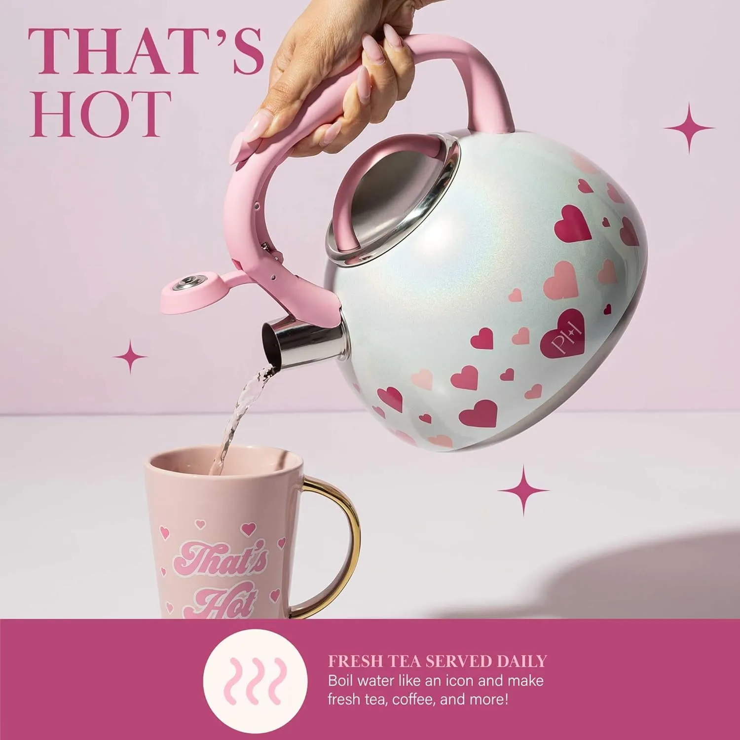 Paris Hilton Whistling Stovetop Tea Kettle, Stainless Steel with Iridescent Heart Design, Soft Touch Handle, 2.5-Quart, Iridescent