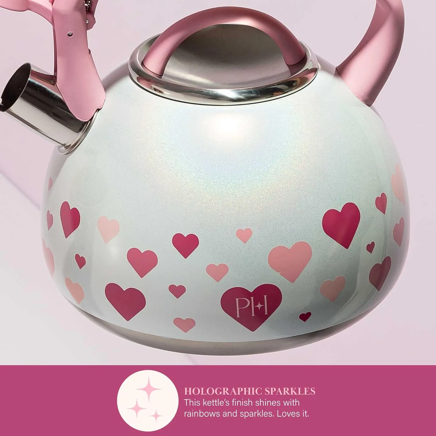 Paris Hilton Whistling Stovetop Tea Kettle, Stainless Steel with Iridescent Heart Design, Soft Touch Handle, 2.5-Quart, Iridescent