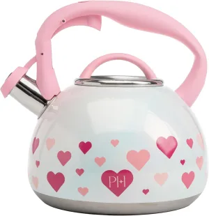 Paris Hilton Whistling Stovetop Tea Kettle, Stainless Steel with Iridescent Heart Design, Soft Touch Handle, 2.5-Quart, Iridescent