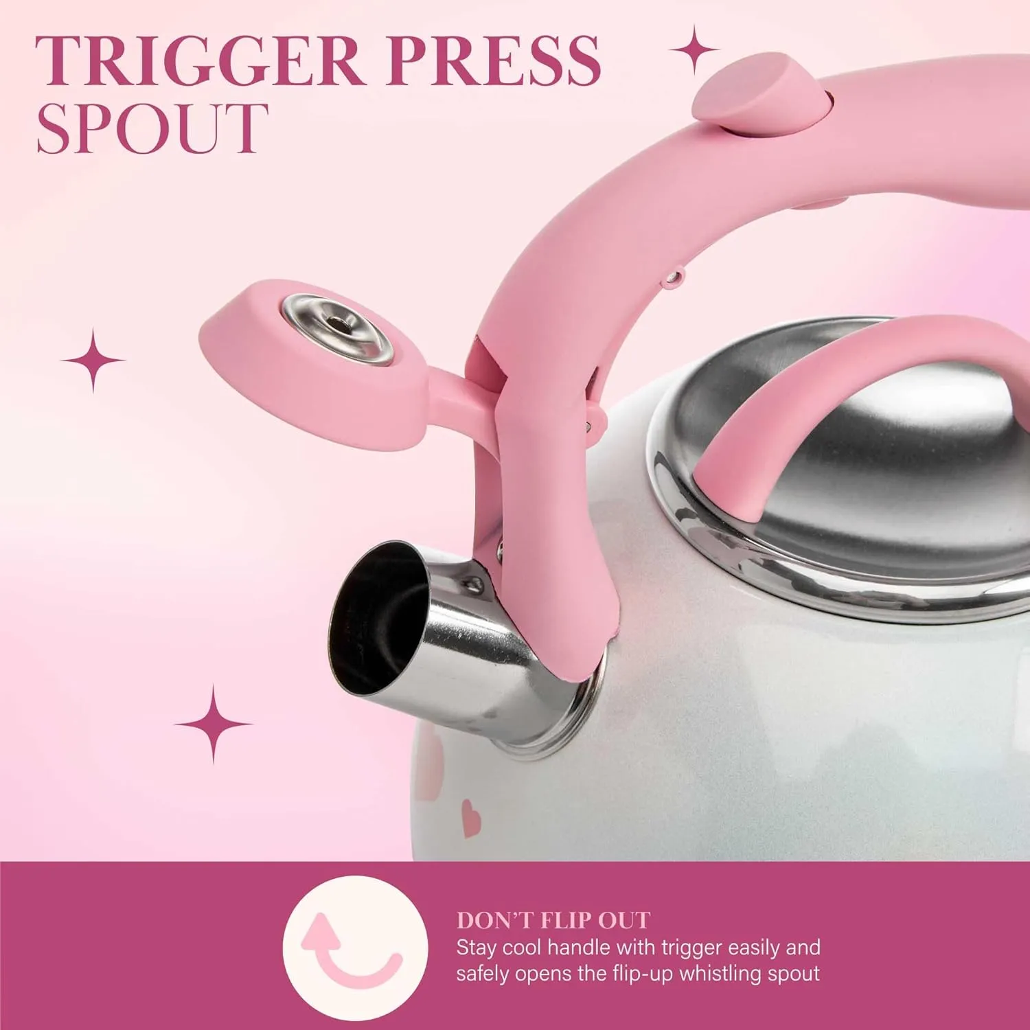 Paris Hilton Whistling Stovetop Tea Kettle, Stainless Steel with Iridescent Heart Design, Soft Touch Handle, 2.5-Quart, Iridescent