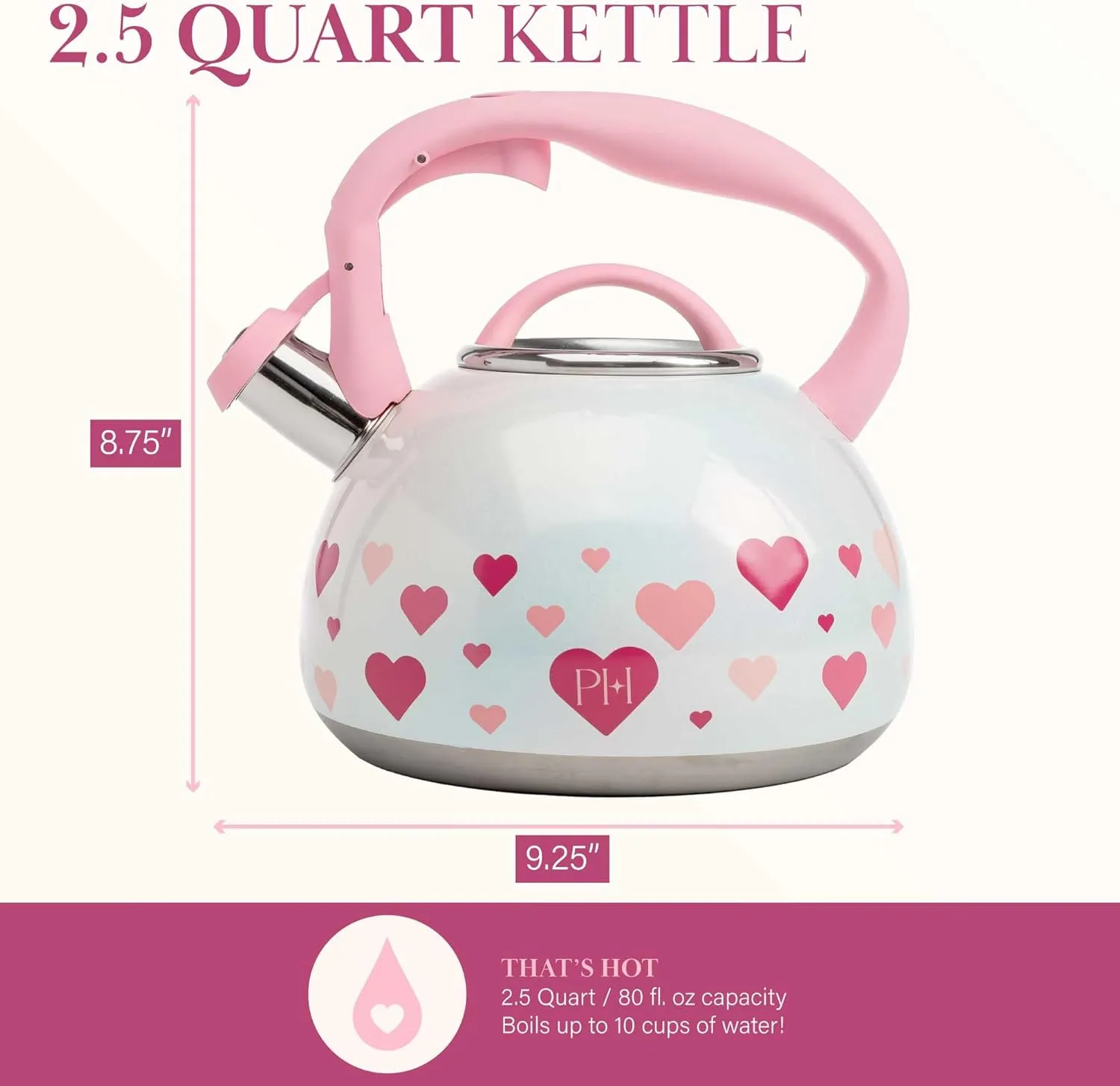 Paris Hilton Whistling Stovetop Tea Kettle, Stainless Steel with Iridescent Heart Design, Soft Touch Handle, 2.5-Quart, Iridescent