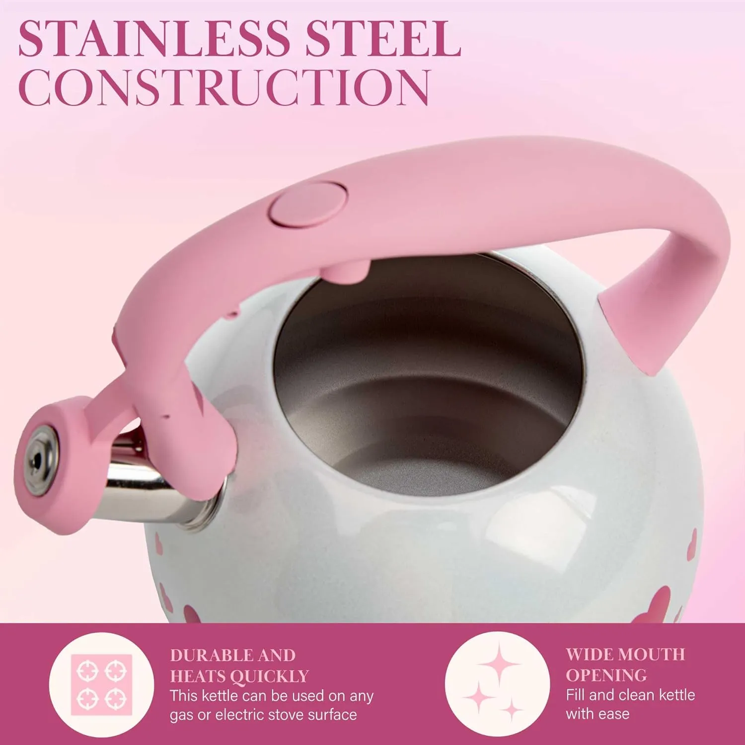 Paris Hilton Whistling Stovetop Tea Kettle, Stainless Steel with Iridescent Heart Design, Soft Touch Handle, 2.5-Quart, Iridescent