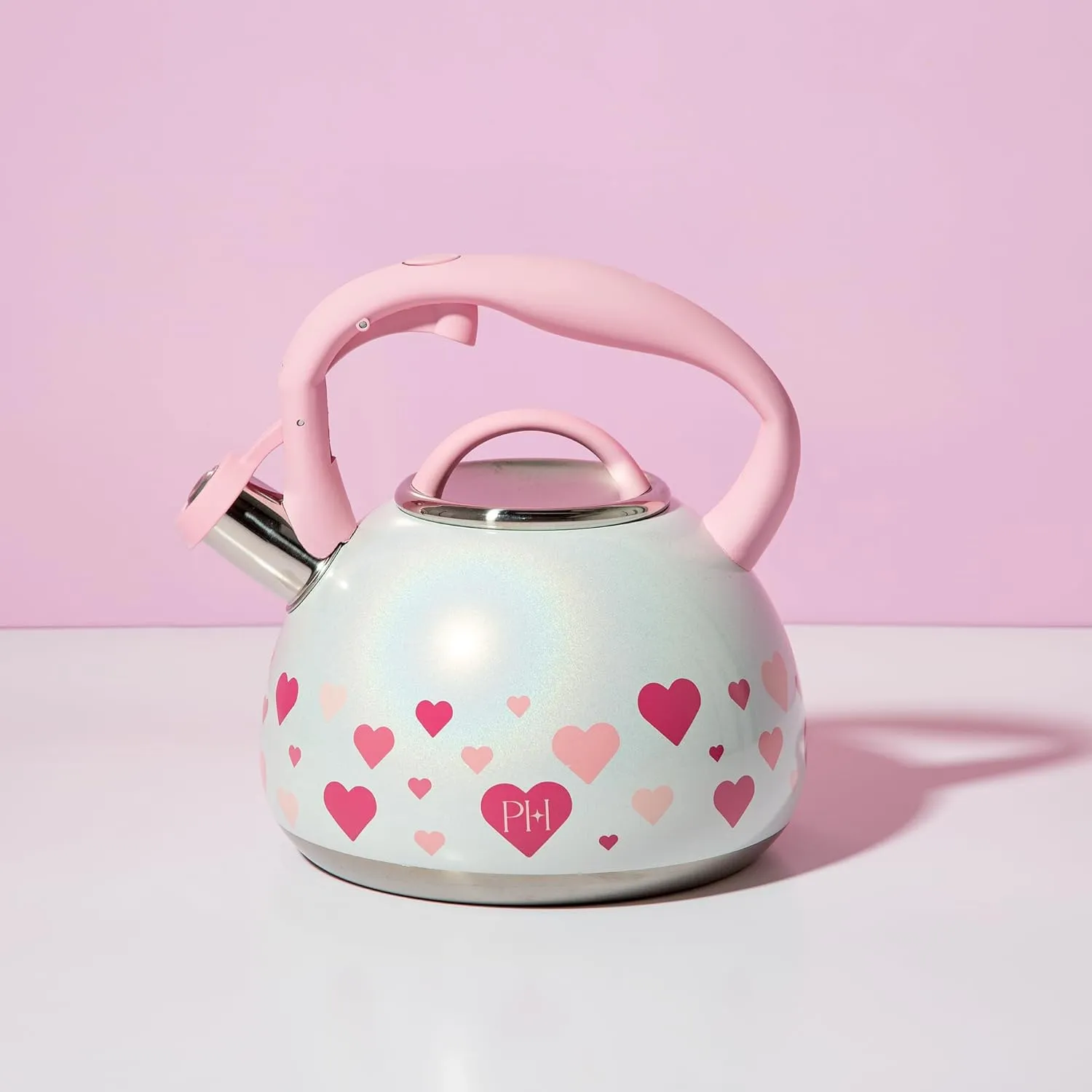 Paris Hilton Whistling Stovetop Tea Kettle, Stainless Steel with Iridescent Heart Design, Soft Touch Handle, 2.5-Quart, Iridescent
