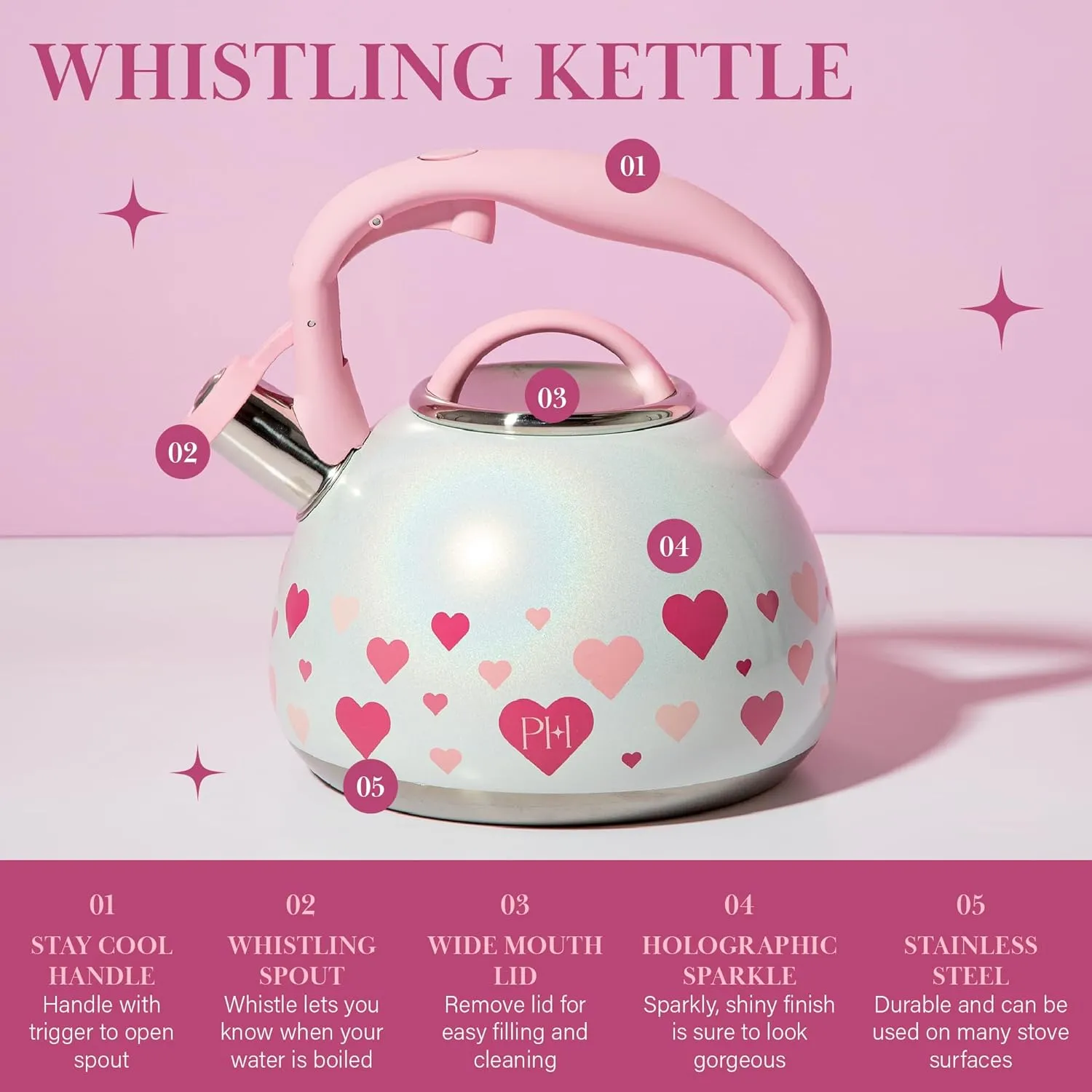 Paris Hilton Whistling Stovetop Tea Kettle, Stainless Steel with Iridescent Heart Design, Soft Touch Handle, 2.5-Quart, Iridescent