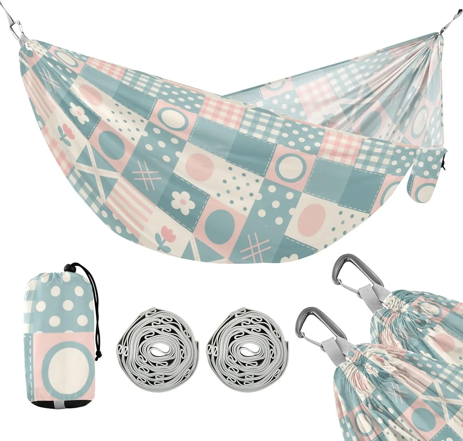 Patchwork Pattern Flowers Pastel Peach 330lb Capacity Outdoor Hammocks with Portabl Carry Bag Swing Hammock for Camping & Hiking Essential hamacas para Patio