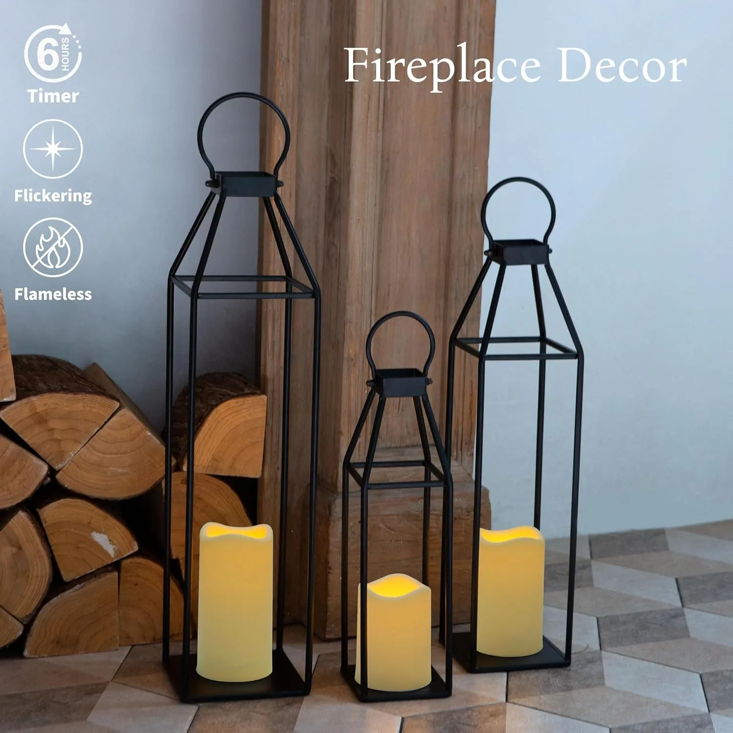 Perfnique Set of 3 Black Metal Lanterns w/ Waterproof Flickering Flameless Candle & Remote Timer, Modern Farmhouse Lanterns Decorative for Outdoor, Front Porch, Indoor, Patio, Garden, Fireplace