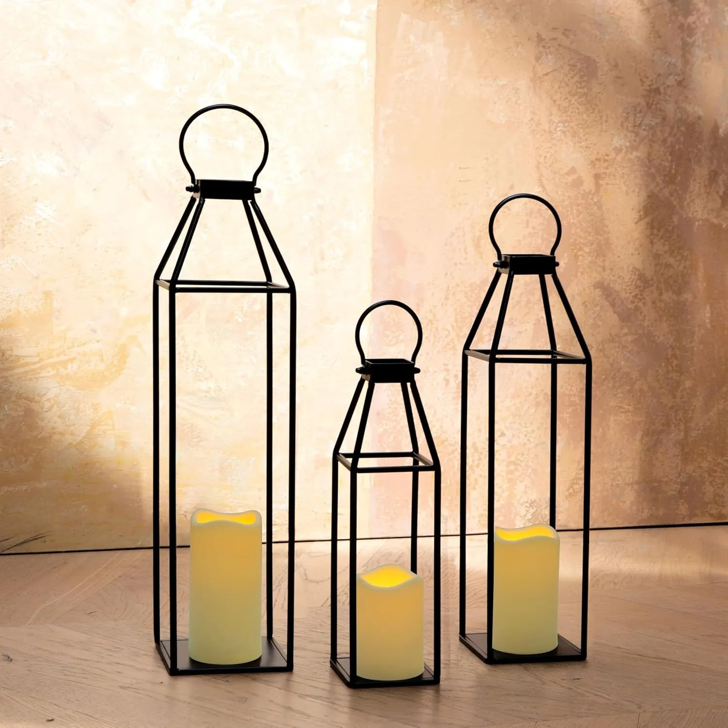 Perfnique Set of 3 Black Metal Lanterns w/ Waterproof Flickering Flameless Candle & Remote Timer, Modern Farmhouse Lanterns Decorative for Outdoor, Front Porch, Indoor, Patio, Garden, Fireplace