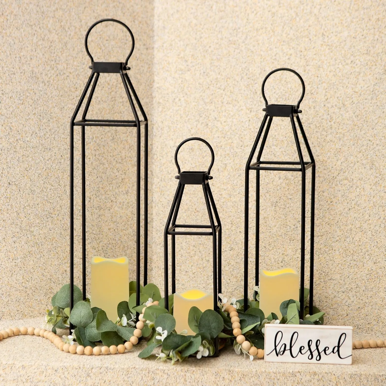 Perfnique Set of 3 Black Metal Lanterns w/ Waterproof Flickering Flameless Candle & Remote Timer, Modern Farmhouse Lanterns Decorative for Outdoor, Front Porch, Indoor, Patio, Garden, Fireplace