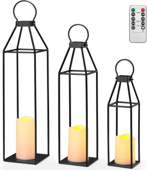 Perfnique Set of 3 Black Metal Lanterns w/ Waterproof Flickering Flameless Candle & Remote Timer, Modern Farmhouse Lanterns Decorative for Outdoor, Front Porch, Indoor, Patio, Garden, Fireplace