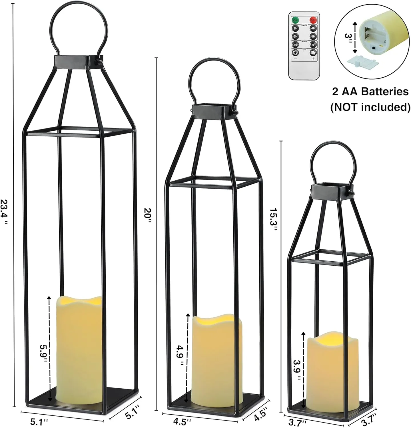 Perfnique Set of 3 Black Metal Lanterns w/ Waterproof Flickering Flameless Candle & Remote Timer, Modern Farmhouse Lanterns Decorative for Outdoor, Front Porch, Indoor, Patio, Garden, Fireplace