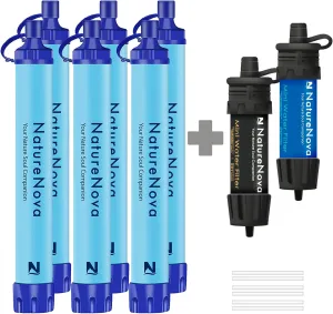 Personal Water Filter Straw Outdoor Portable Filtration (6pack) with Mini Water Filter Portable Emergency Water Filtration（black/blue, 2pack)