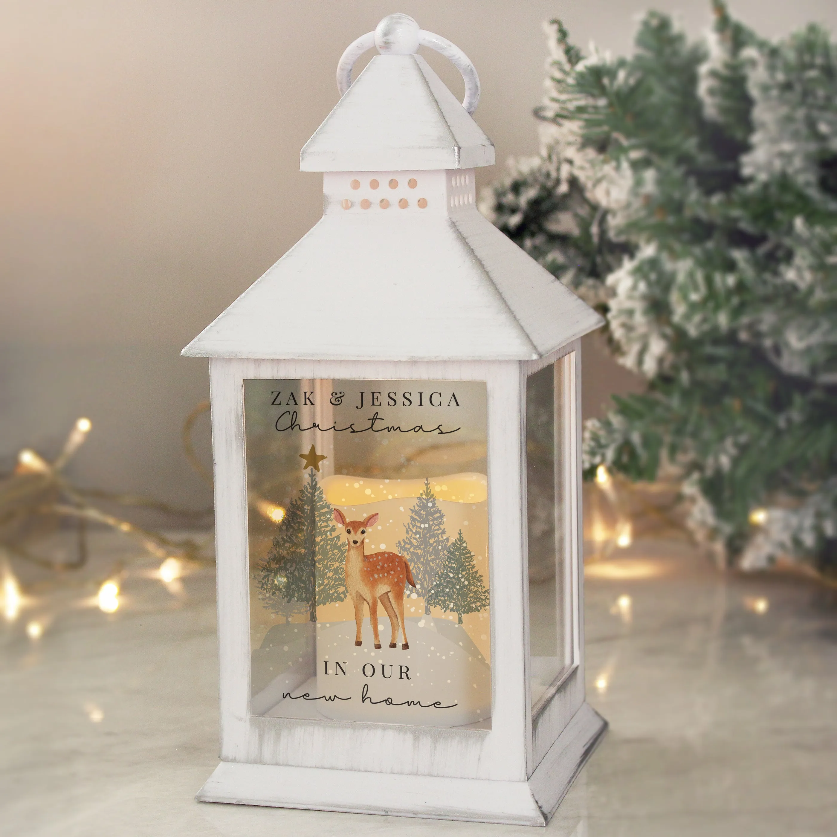 Personalised Christmas Deer Indoor White LED Lantern