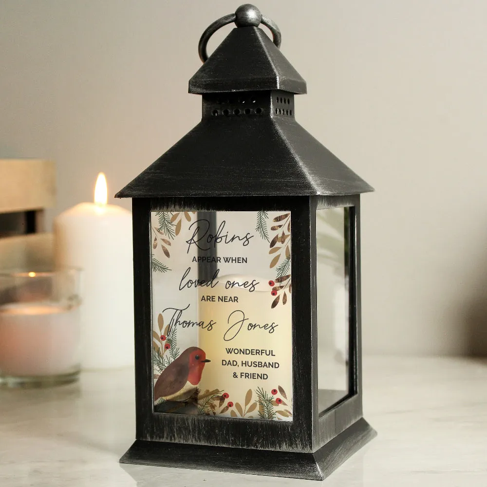 Personalised Robins Appear Memorial Black Lantern