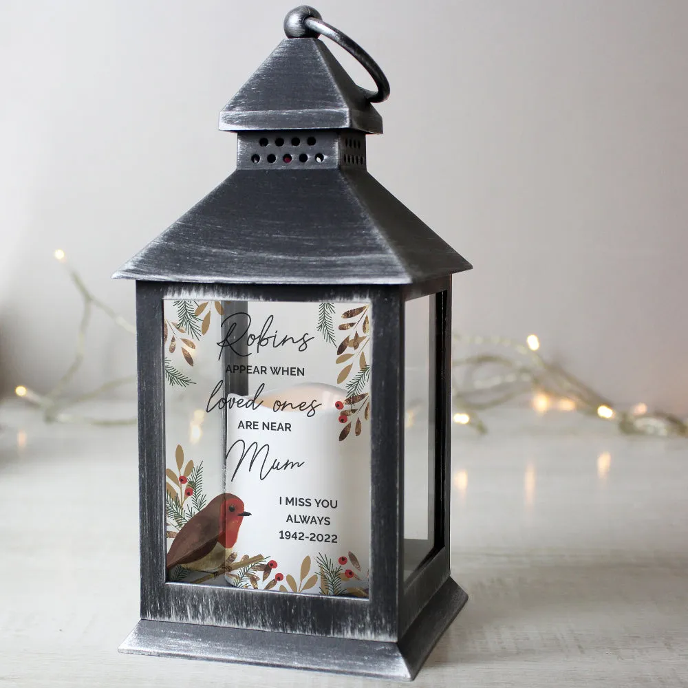 Personalised Robins Appear Memorial Black Lantern