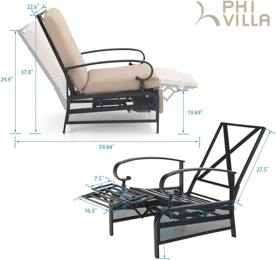 PHI VILLA Outdoor Recliner Chair for Patio, Oversized Patio Metal Chaise Lounge Chair Zero Gravity with Removable Beige Cushion for Garden, Poolside, Lawn