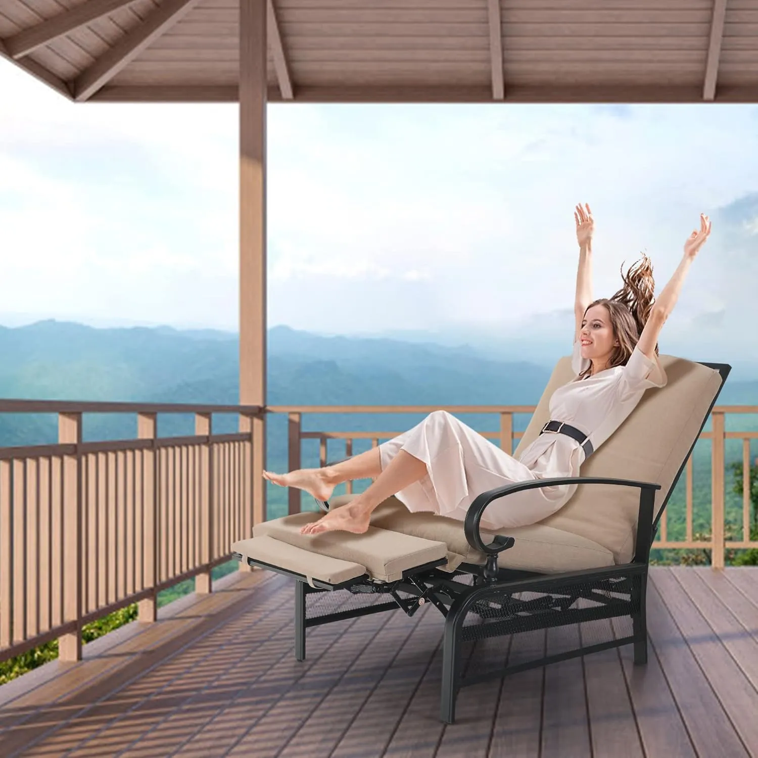 PHI VILLA Outdoor Recliner Chair for Patio, Oversized Patio Metal Chaise Lounge Chair Zero Gravity with Removable Beige Cushion for Garden, Poolside, Lawn