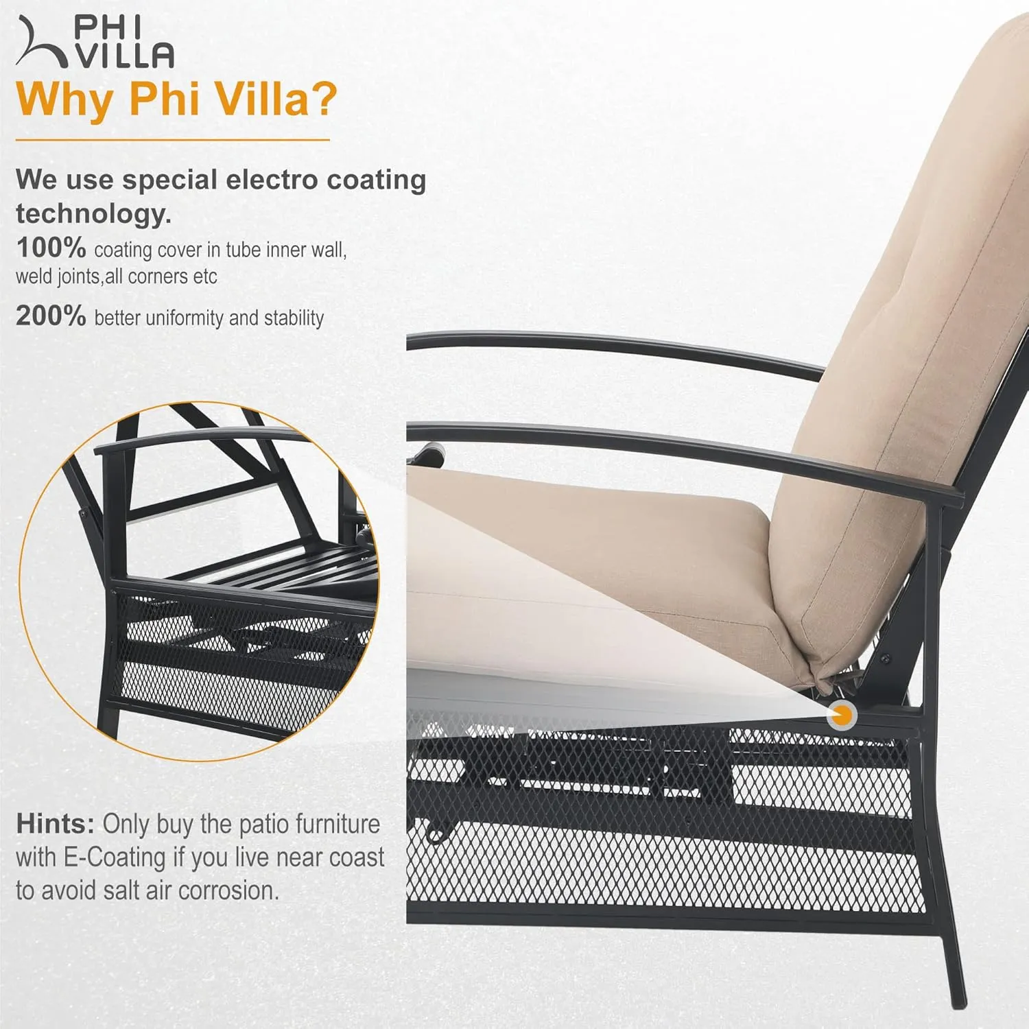 PHI VILLA Outdoor Recliner Chair for Patio, Oversized Patio Metal Chaise Lounge Chair Zero Gravity with Removable Beige Cushion for Garden, Poolside, Lawn