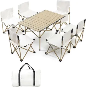 Picnic Table Portable Folding Lawn Chairs Camping Table and Chairs, Lightweight Aluminum Fold Up Table Top for Outdoor Cooking Beach Backyard, Off White