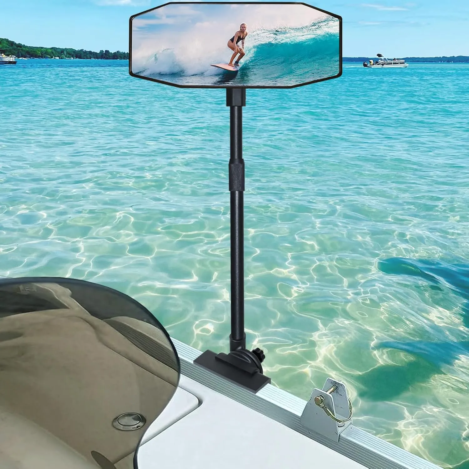 Pontoon Boat Mirror Rear View Pontoon Mirror for Marine Water Skiing,4.7" x 12.2" Extra Large Boat Rear view 360° Adjustable Stable,Easy Clamp on Rail