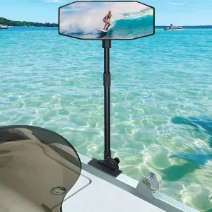 Pontoon Boat Mirror Rear View Pontoon Mirror for Marine Water Skiing,4.7" x 12.2" Extra Large Boat Rear view 360° Adjustable Stable,Easy Clamp on Rail