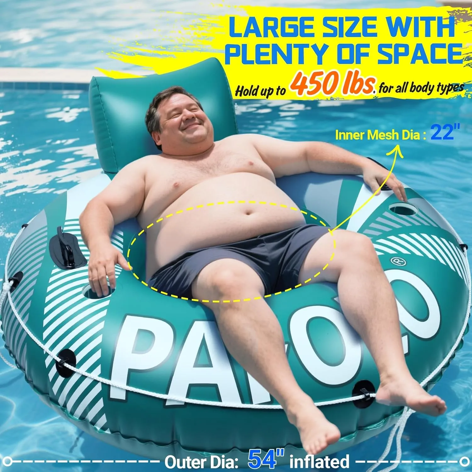 Pool Float Adult, Inflatable River Tube Float, River Tubes for Floating Heavy Duty with Mesh Bottom, Comfortable Backrest & 2 Cup Holders & Durable Grab Handles,450 lbs Weight Capacity