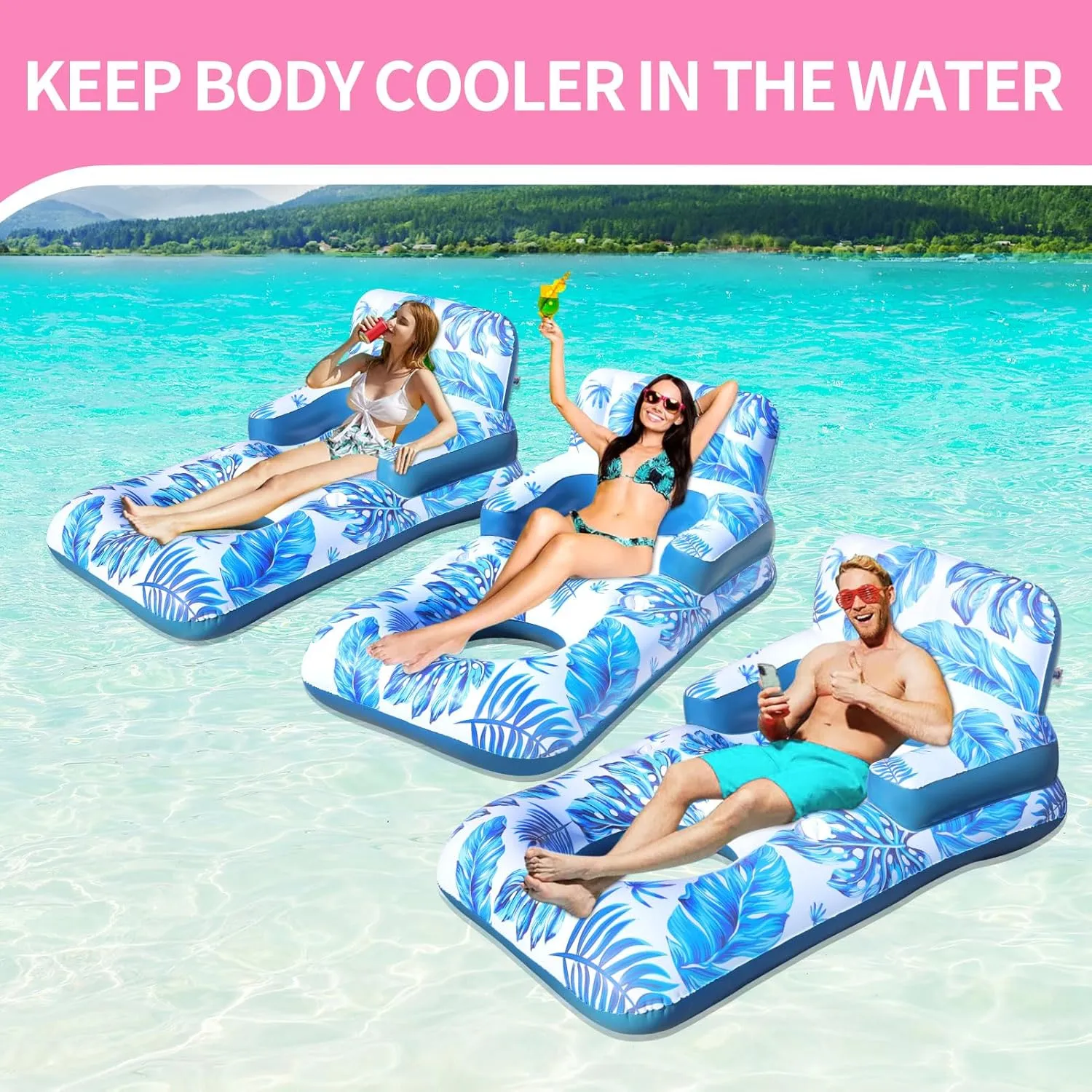Pool Floats Adult, Pool Floaties with Cup Holder and Phone Holder, Pool Lounger Float with Headrest, Backrest and Footrest, 65" Thicken PVC Inflatable Pool Float for Adult Pool Party Beach Cool