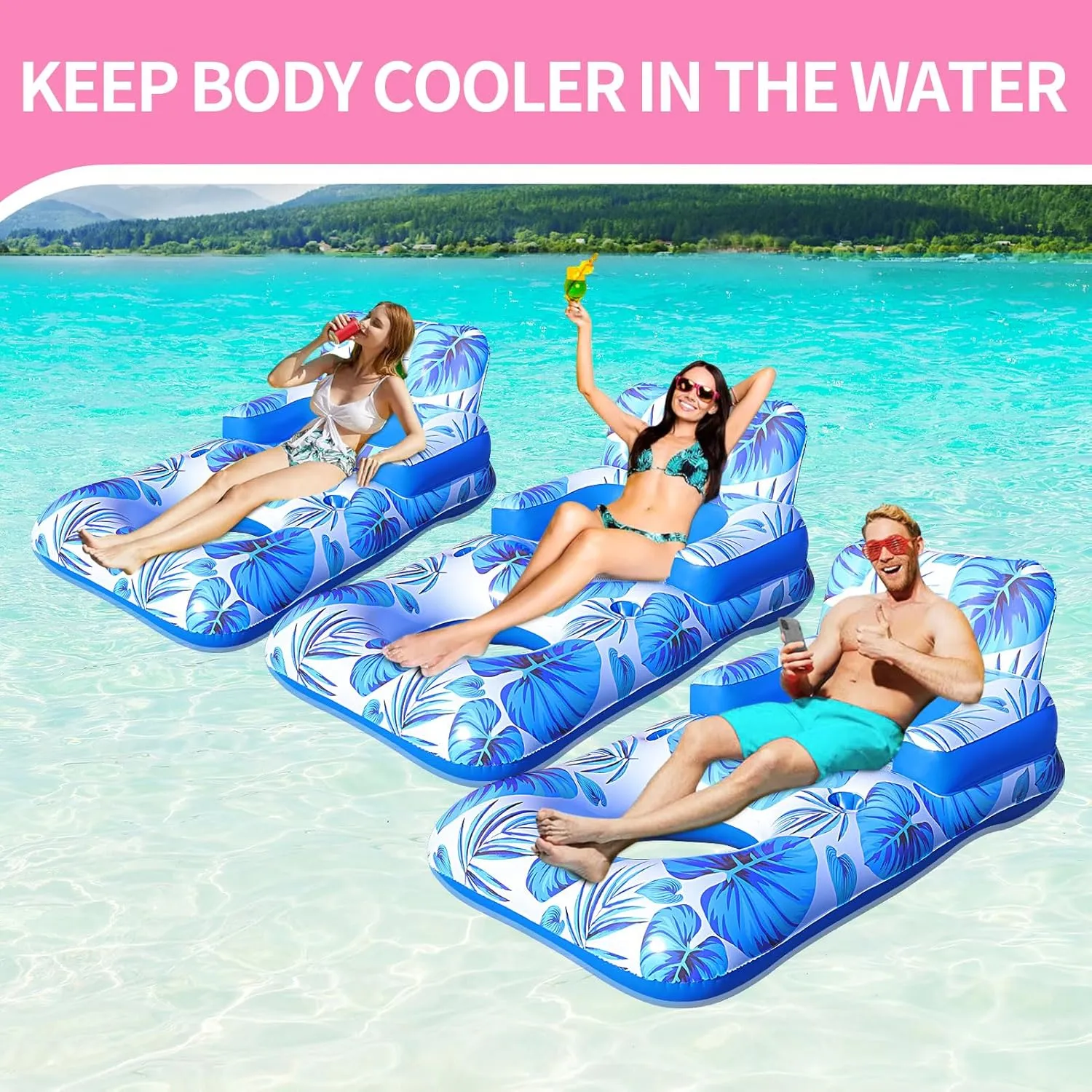 Pool Floats Adult, Pool Floaties with Cup Holder and Phone Holder, Pool Lounger Float with Headrest, Backrest and Footrest, 65" Thicken PVC Inflatable Pool Float for Adult Pool Party Beach Cool