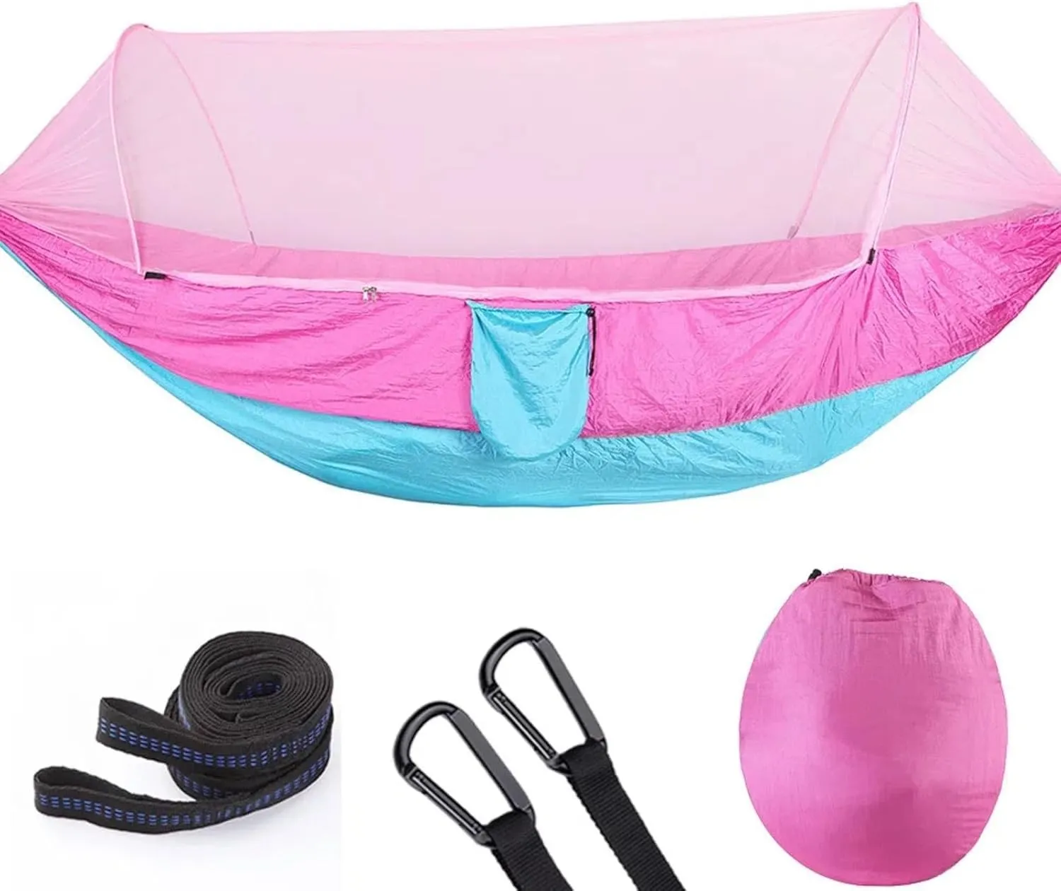Pop up Hammock with Mosquito net - Ultra Light Outdoor Camping  for Adults with Capacity of 200 kilograms,Hammock Swing for 2 Tree Ties, 2 Black Gold Steel Buckles, Outdoor Storage Bag (Pink)