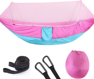 Pop up Hammock with Mosquito net - Ultra Light Outdoor Camping  for Adults with Capacity of 200 kilograms,Hammock Swing for 2 Tree Ties, 2 Black Gold Steel Buckles, Outdoor Storage Bag (Pink)