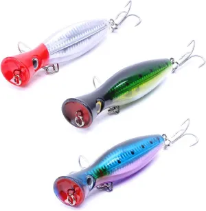 Popper Fishing Lure Set, JAZALIC 3 PCS Topwater Popper Lures 3D Eyes Fishing Accessories for Saltwater Surface Casting and Freshwater Fishing Gt Tuna Kingfish Large Predator Fish (5.11in, 1.48Oz)